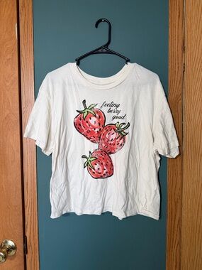 Rebellious One White Tee with Red Strawberry Graphic